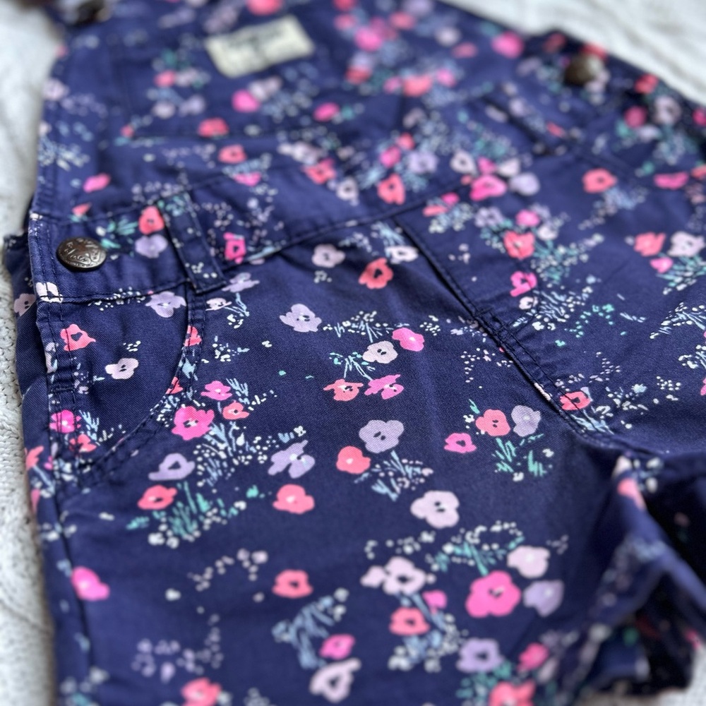 OshKosh B'gosh Navy Floral Short Overalls with Pink Accents